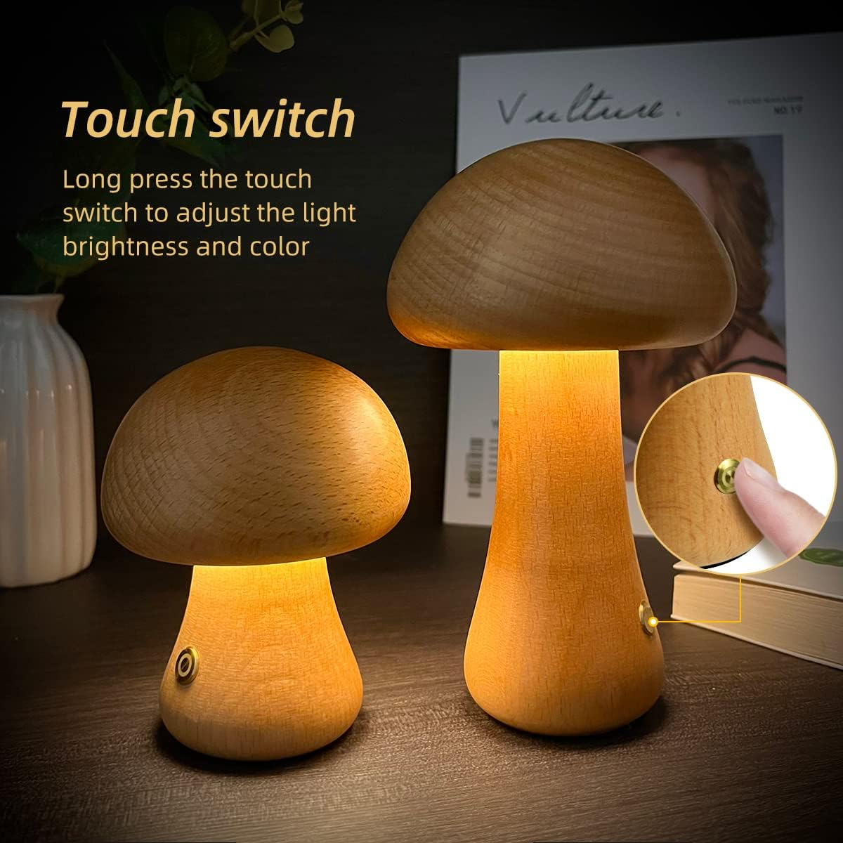 Wooden Touch-Control Mushroom Night Lamp – Warm Light, Modern Home Decor & Kids’ Room